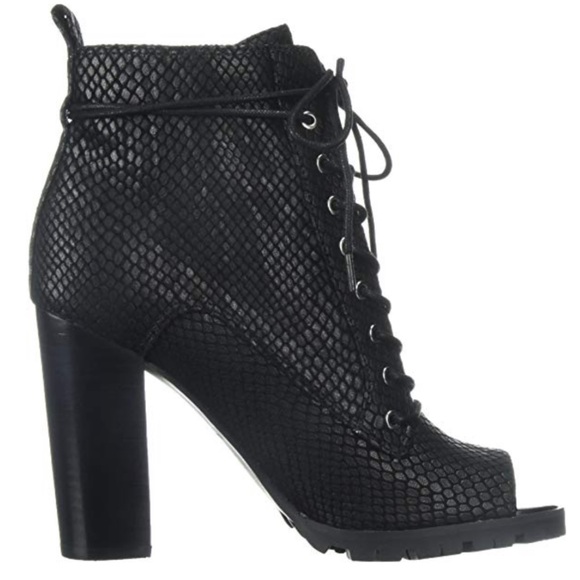 Black Snake Skin Texture Heeled Lace Up Boots - Picture 3 of 7